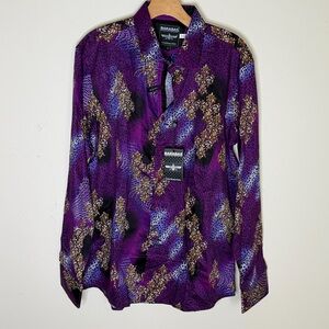 Barabas Purple Baroque Print Button Up Shirt Size L Slim Fit Statement Luxury